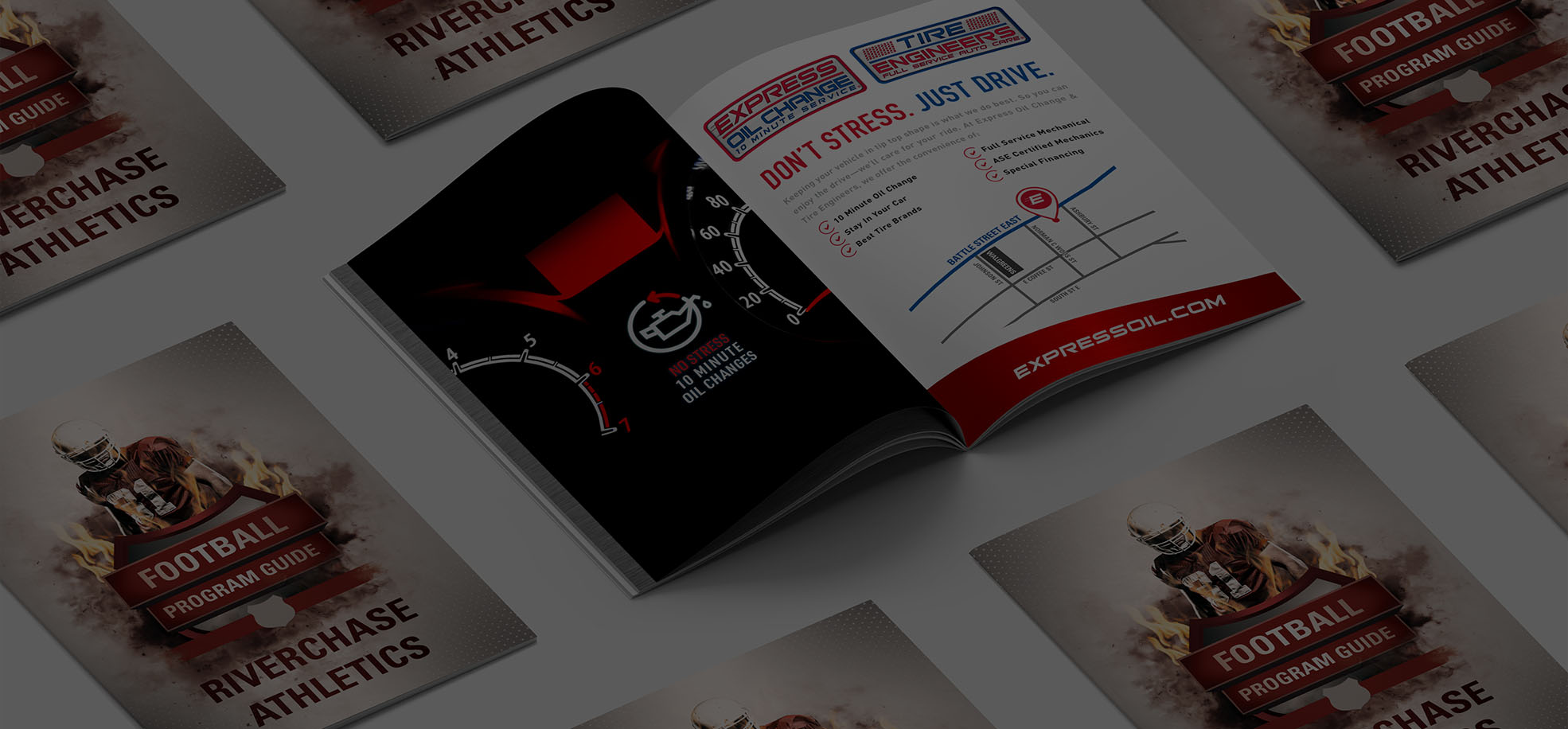 open brochure showing express oil change branding